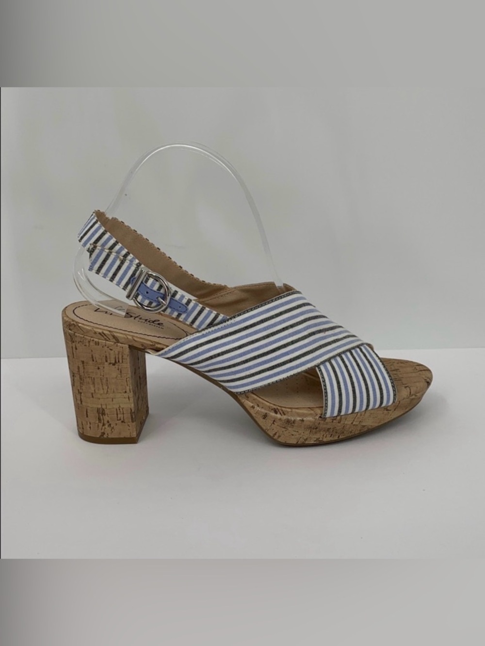 Life Stride Striped Cork Block Heel Sandals in Blue and White